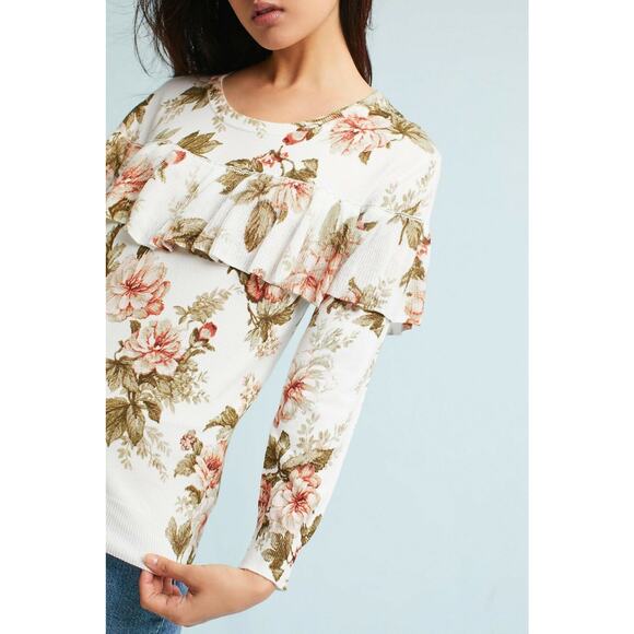 New Anthropologie Floral Ruffled Pullover by Harlyn $118 Size Small Long Sleeve - Picture 3 of 5